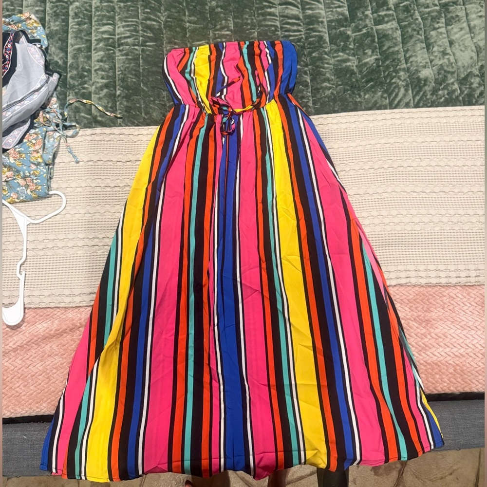 Festive Multicolor Stripe Strapless Maxi Dress